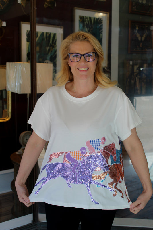 Queen of Sparkles White Multi Jockeys On Horses T-shirt