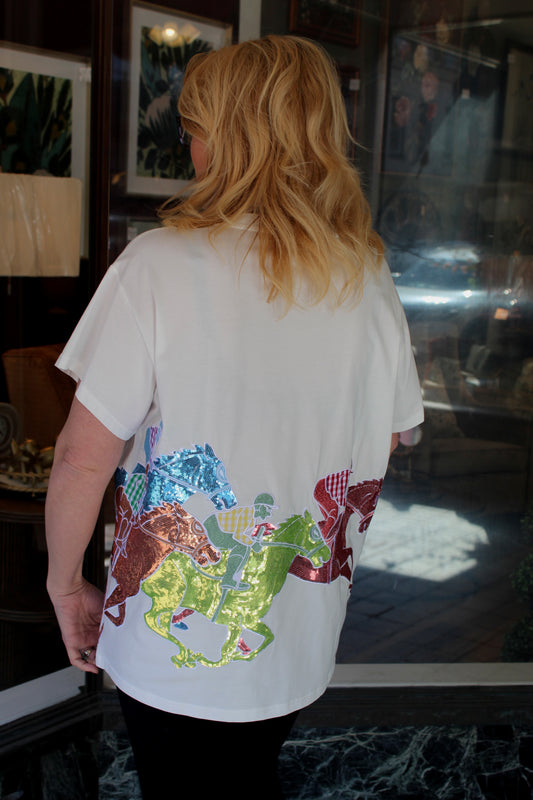 Queen of Sparkles White Multi Jockeys On Horses T-shirt