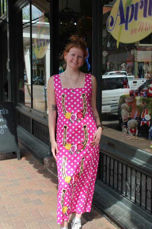 Queen of Sparkles Hot Pink & Polka Dot Rose Horse Shoe Midi Dress