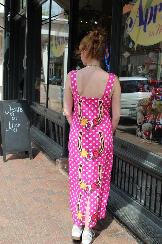 Queen of Sparkles Hot Pink & Polka Dot Rose Horse Shoe Midi Dress