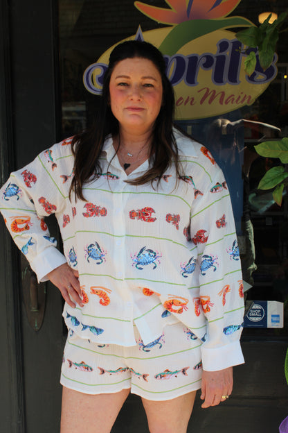 Queen of Sparkles White Striped Seafood Gauze Button Up Top