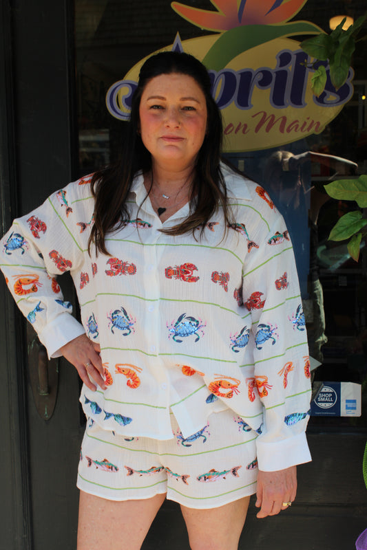 Queen of Sparkles White Striped Seafood Gauze Button Up Top