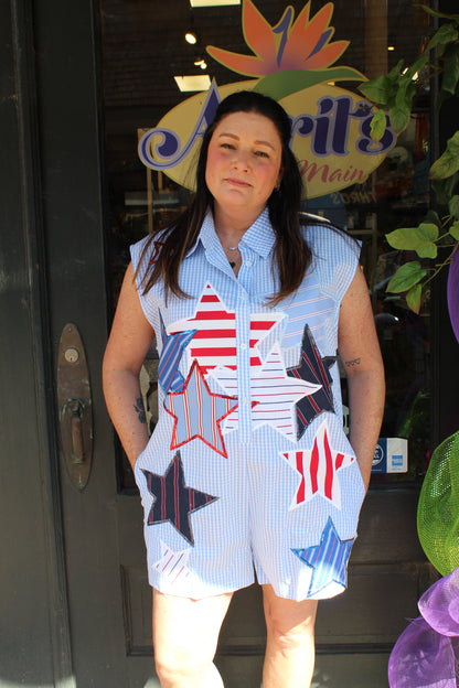 Queen of Sparkles Blue & White Gingham USA Stripe Patch Stars Romper