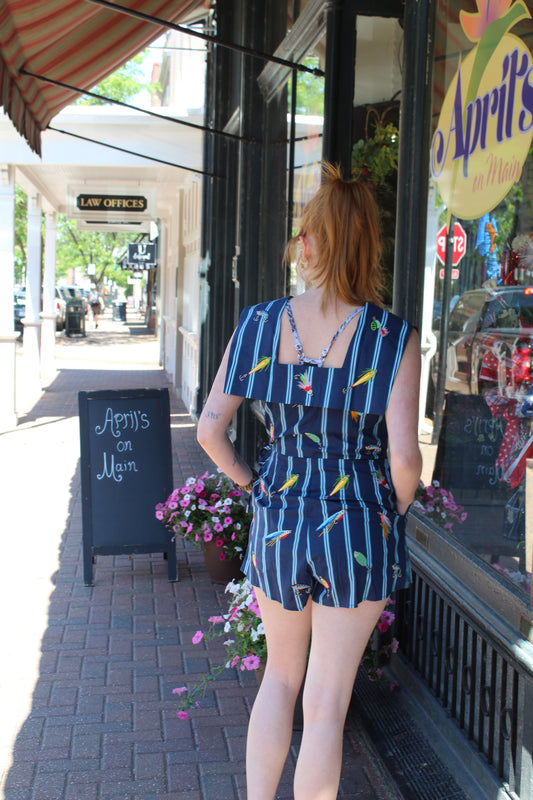 Queen of Sparkles Navy Striped Fishing Lure Tie Cotton Romper