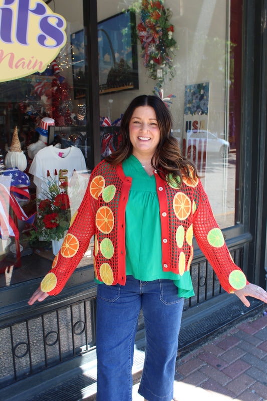 Queen of Sparkles Crochet Lemon, Lime & Orange Button Up Sweater