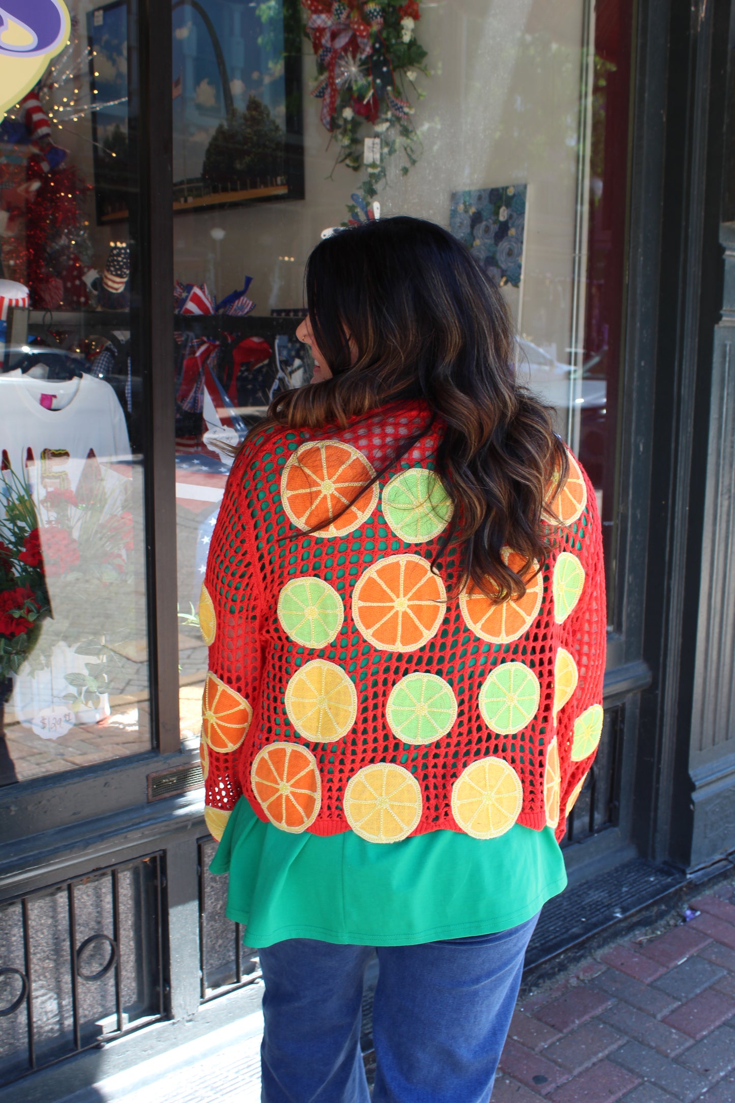 Queen of Sparkles Crochet Lemon, Lime & Orange Button Up Sweater
