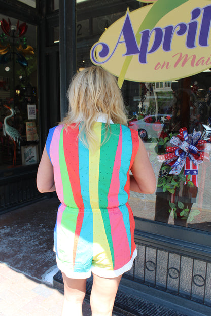 Queen of Sparkles Rainbow Rhinestone White Trim Collar Cotton Romper