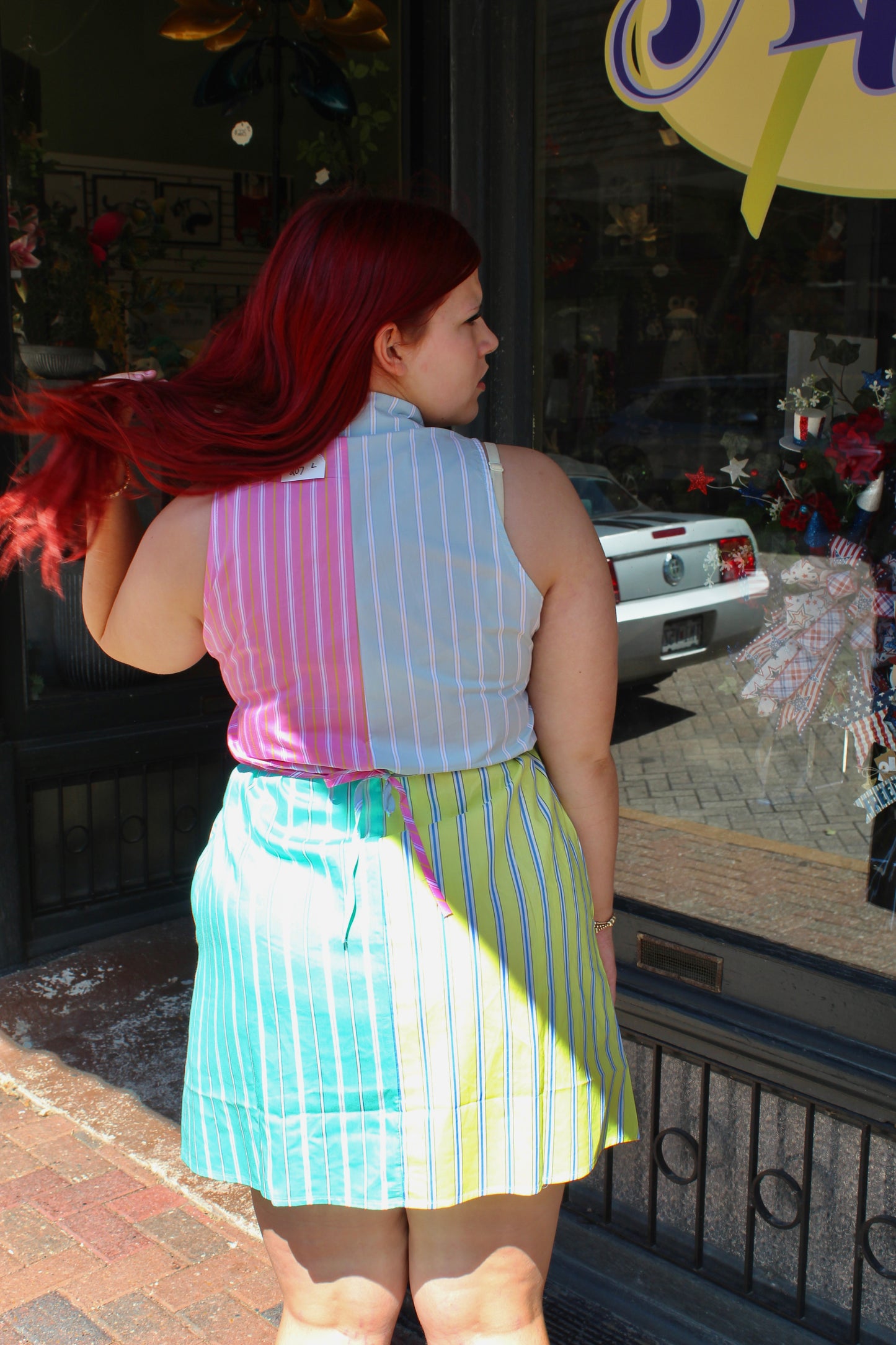 Queen of Sparkles Colorblock Stripe QOS Card Logo Tie Cotton Tank Dress