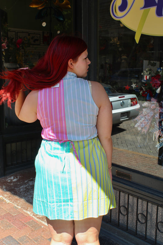 Queen of Sparkles Colorblock Stripe QOS Card Logo Tie Cotton Tank Dress