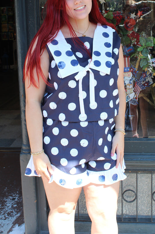 Queen of Sparkles Navy & White Polka Dot Ruffle Short
