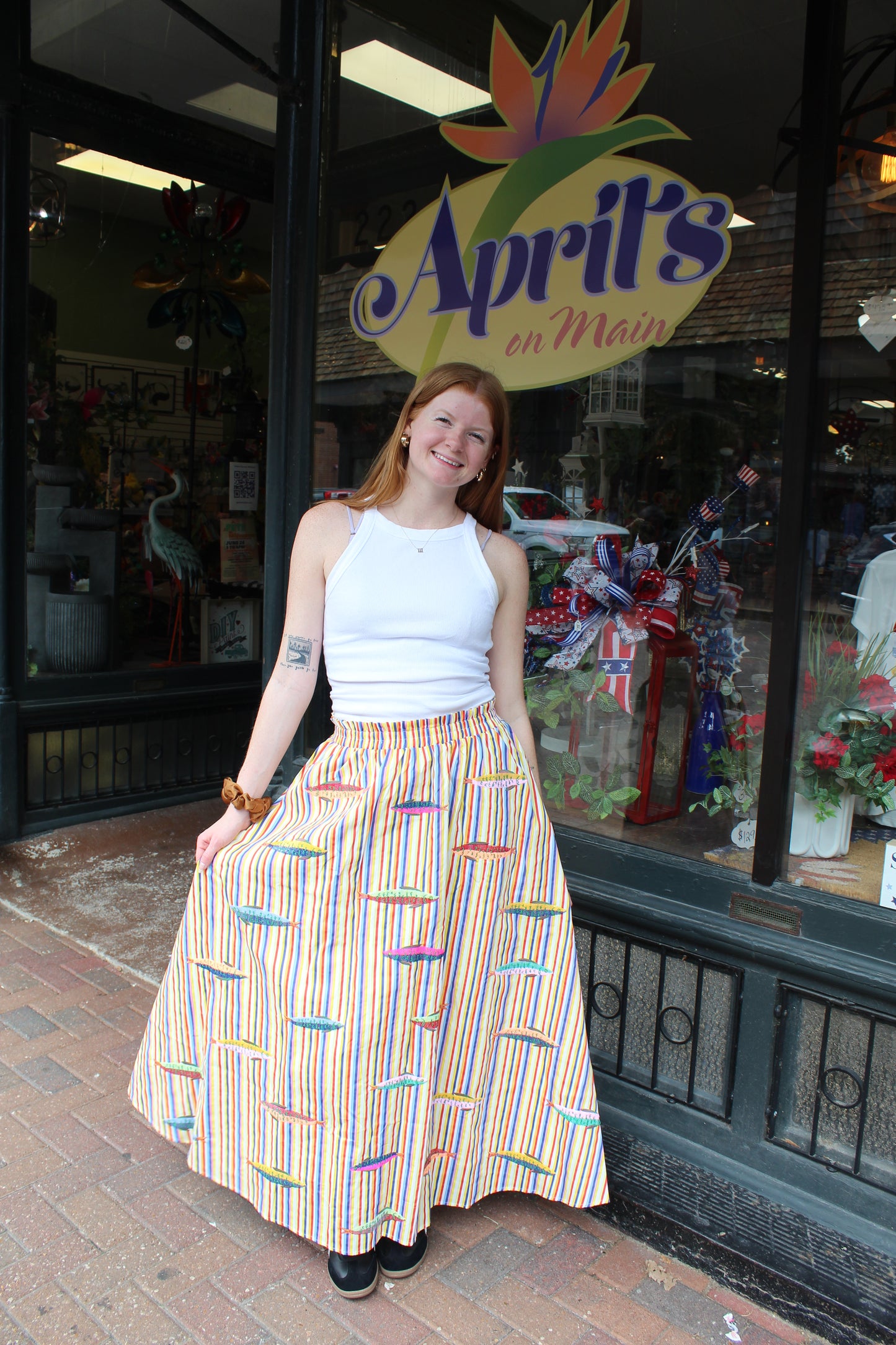 Queen of Sparkles Rainbow Stripe Multi Fish Cotton Long Skirt