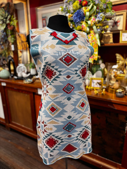 Queen of Sparkles Blue Multi Sequin Aztec Print Knit Dress