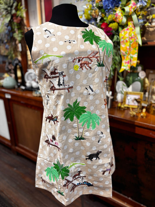 Queen of Sparkles Beige & White Polka Dots Dogs at the Beach Tank Dress