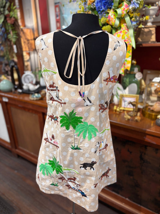 Queen of Sparkles Beige & White Polka Dots Dogs at the Beach Tank Dress