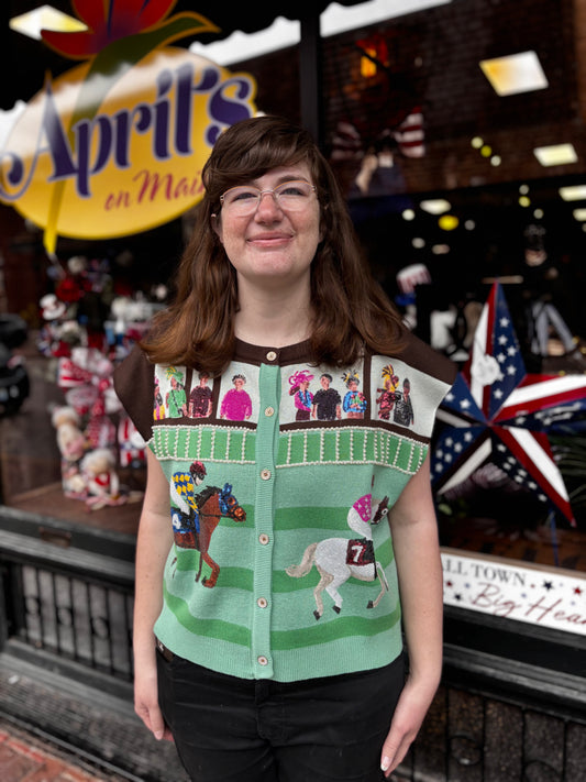 Queen of Sparkles Multi Derby Race Scene Knit Button Up
