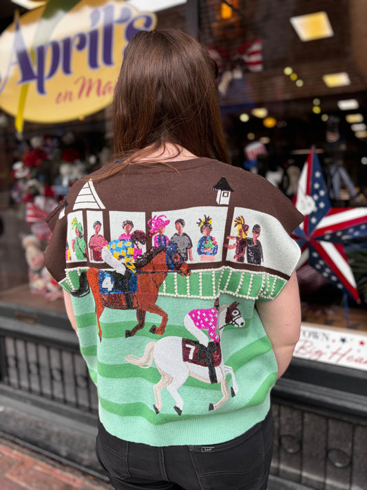 Queen of Sparkles Multi Derby Race Scene Knit Button Up