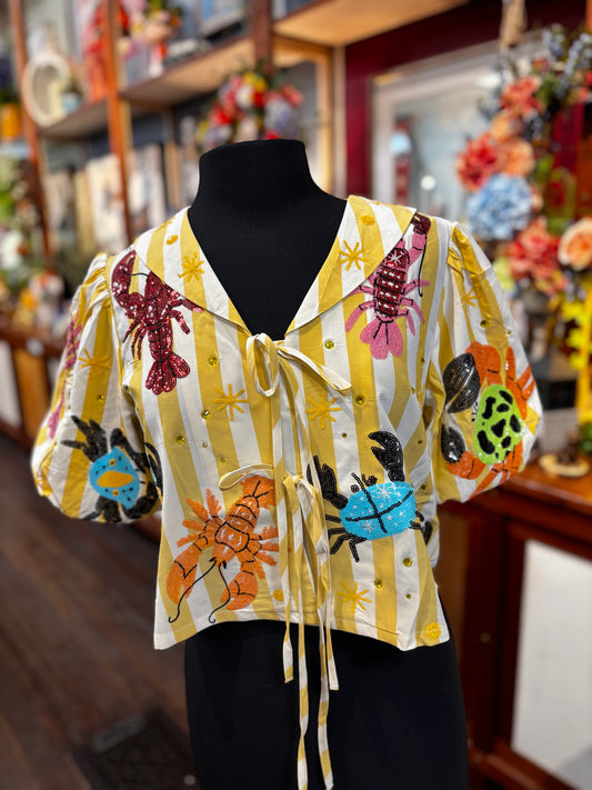 Queen of Sparkles Yellow Stripe Crab & Lobster Tie Top