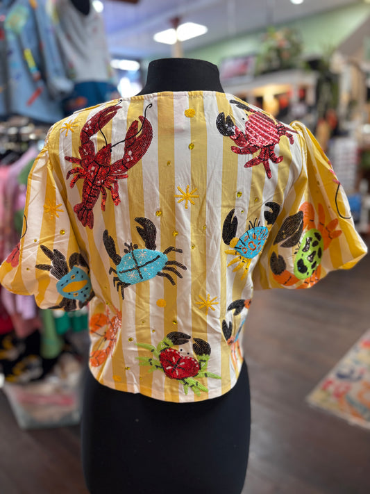 Queen of Sparkles Yellow Stripe Crab & Lobster Tie Top