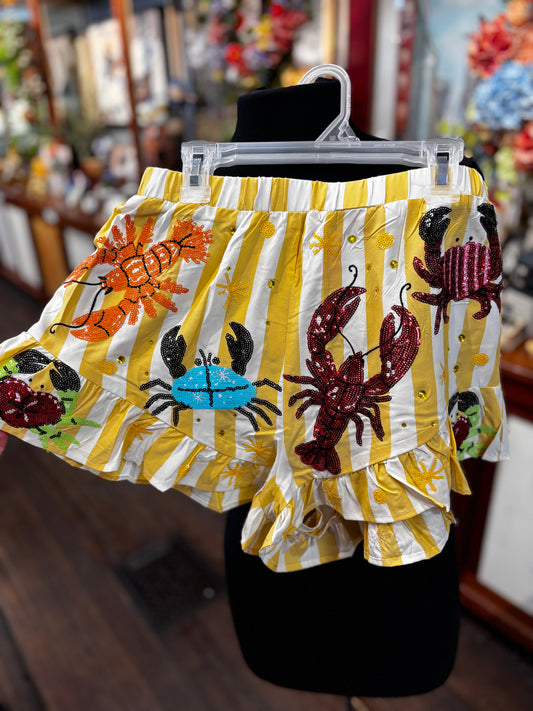 Queen of Sparkles Yellow Stripe Crab & Lobster Short