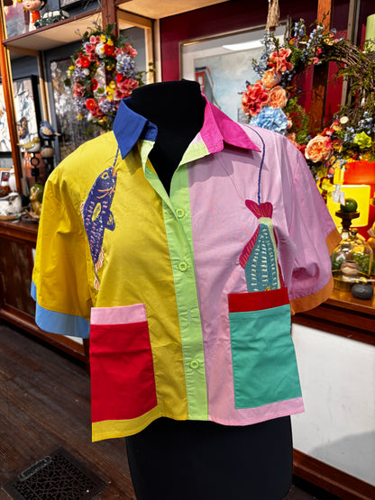 Queen of Sparkles Multi Colorblock Fish on Hook Pocket Cotton Top