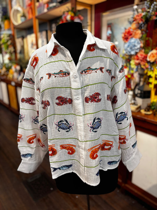 Queen of Sparkles White Striped Seafood Gauze Button Up Top