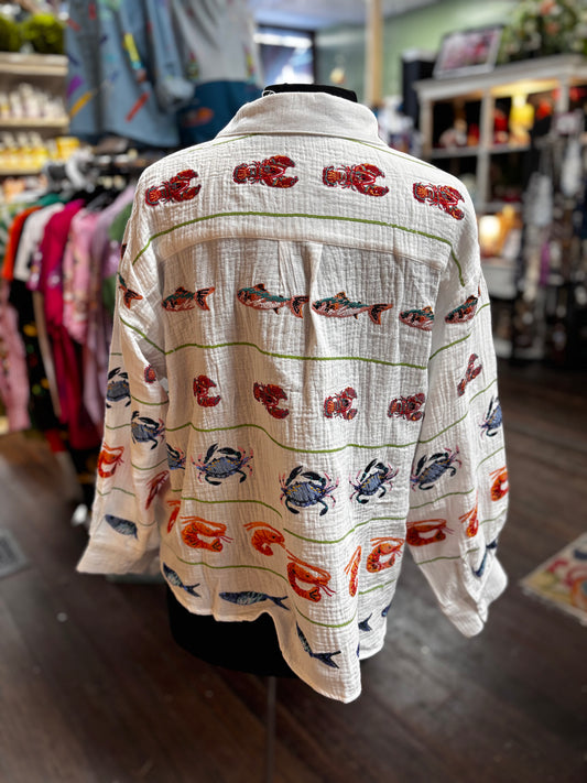 Queen of Sparkles White Striped Seafood Gauze Button Up Top