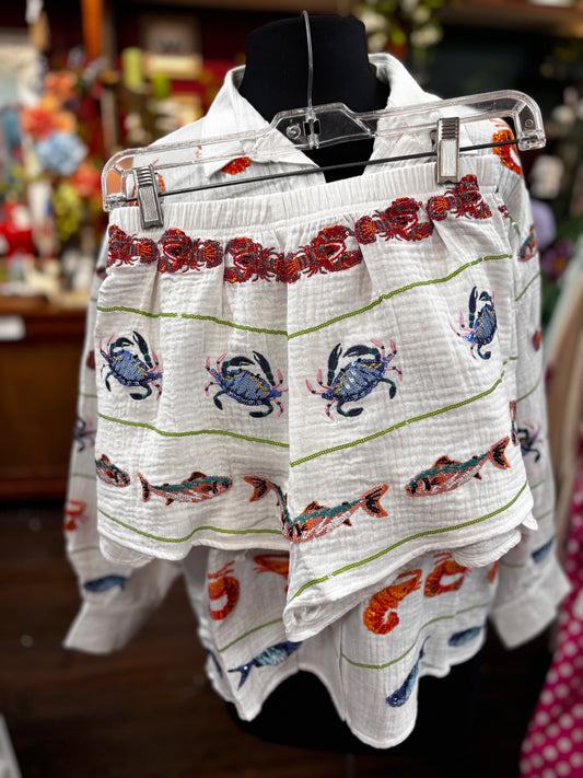 Queen of Sparkles White Striped Seafood Gauze Short