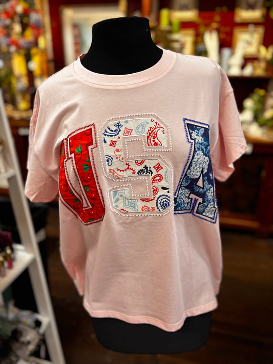 Queen of Sparkles Light Pink 'USA' Bandana Tee