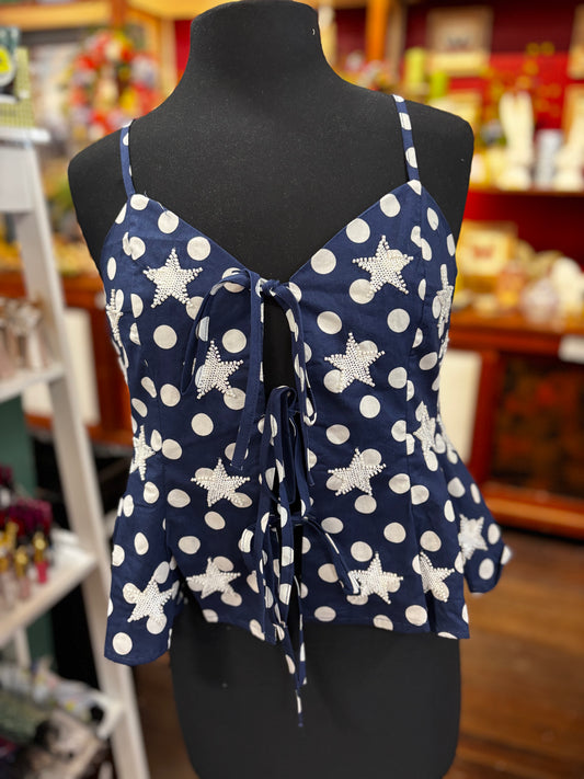 Queen of Sparkles Navy & White Stars & Polka Dot Tie Ruffle Top