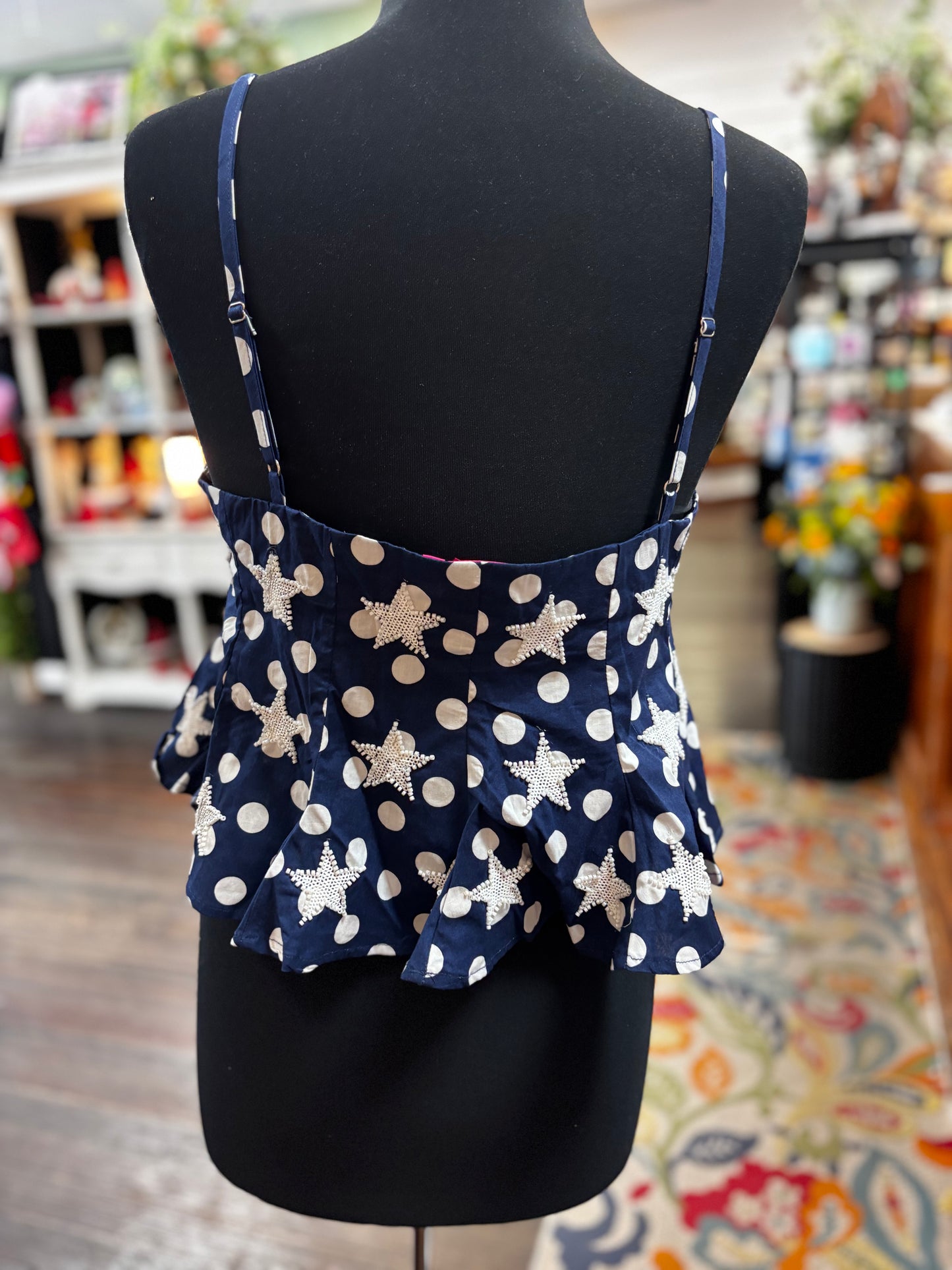 Queen of Sparkles Navy & White Stars & Polka Dot Tie Ruffle Top