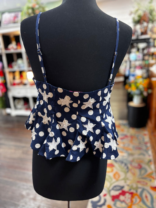 Queen of Sparkles Navy & White Stars & Polka Dot Tie Ruffle Top