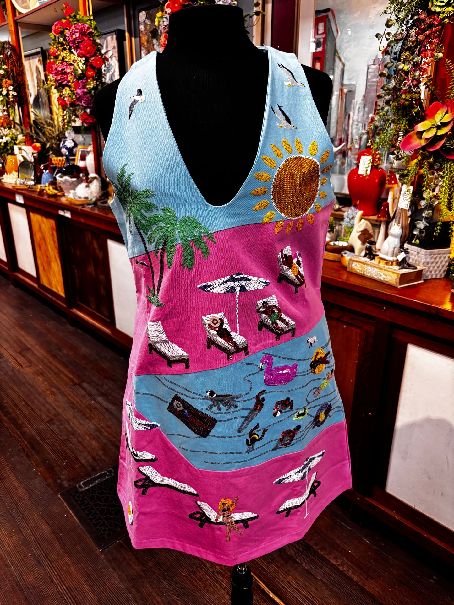 Queen of Sparkles Blue & Pink Colorblock Pool Scene Tank Dress