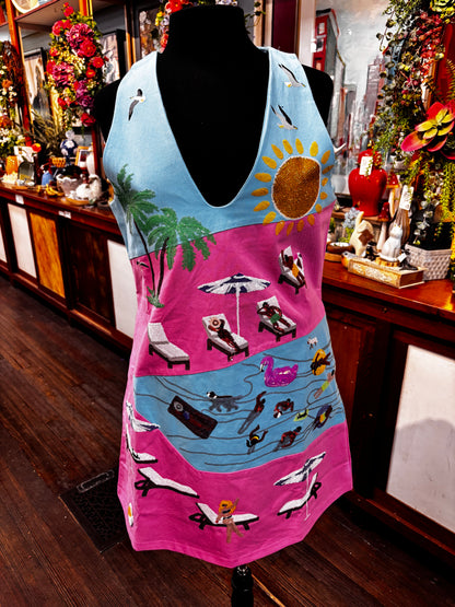 Queen of Sparkles Blue & Pink Colorblock Pool Scene Tank Dress
