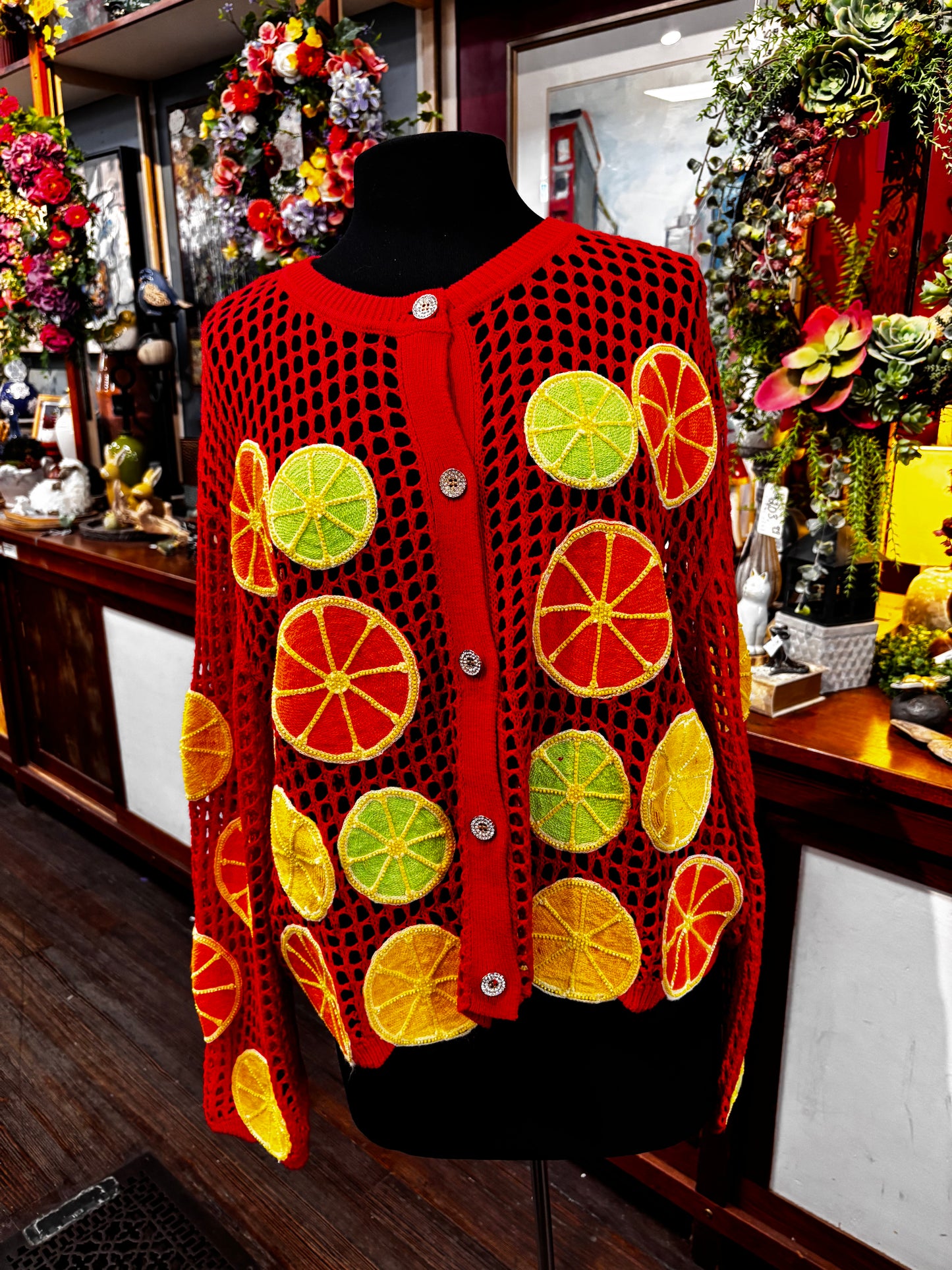 Queen of Sparkles Crochet Lemon, Lime & Orange Button Up Sweater