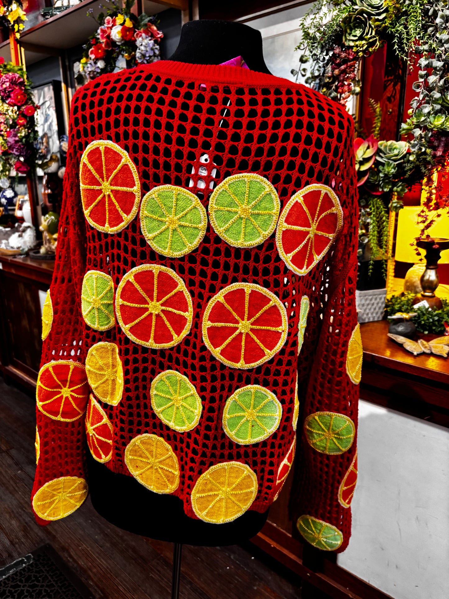 Queen of Sparkles Crochet Lemon, Lime & Orange Button Up Sweater