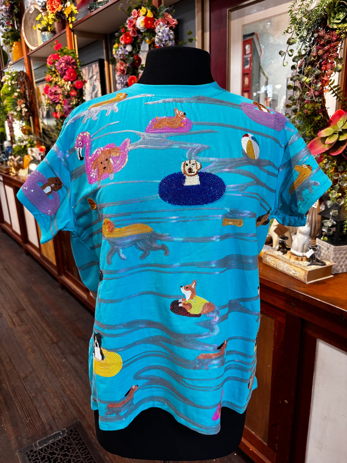 Queen of Sparkles Aqua Dogs on Tubes Swimming Tee