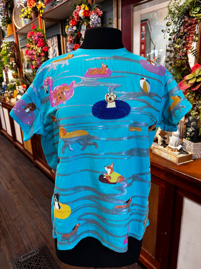 Queen of Sparkles Aqua Dogs on Tubes Swimming Tee
