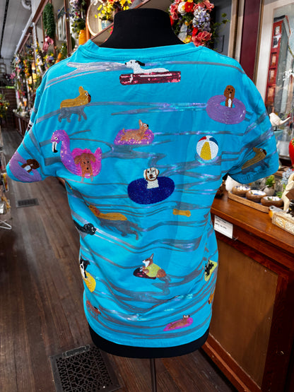 Queen of Sparkles Aqua Dogs on Tubes Swimming Tee