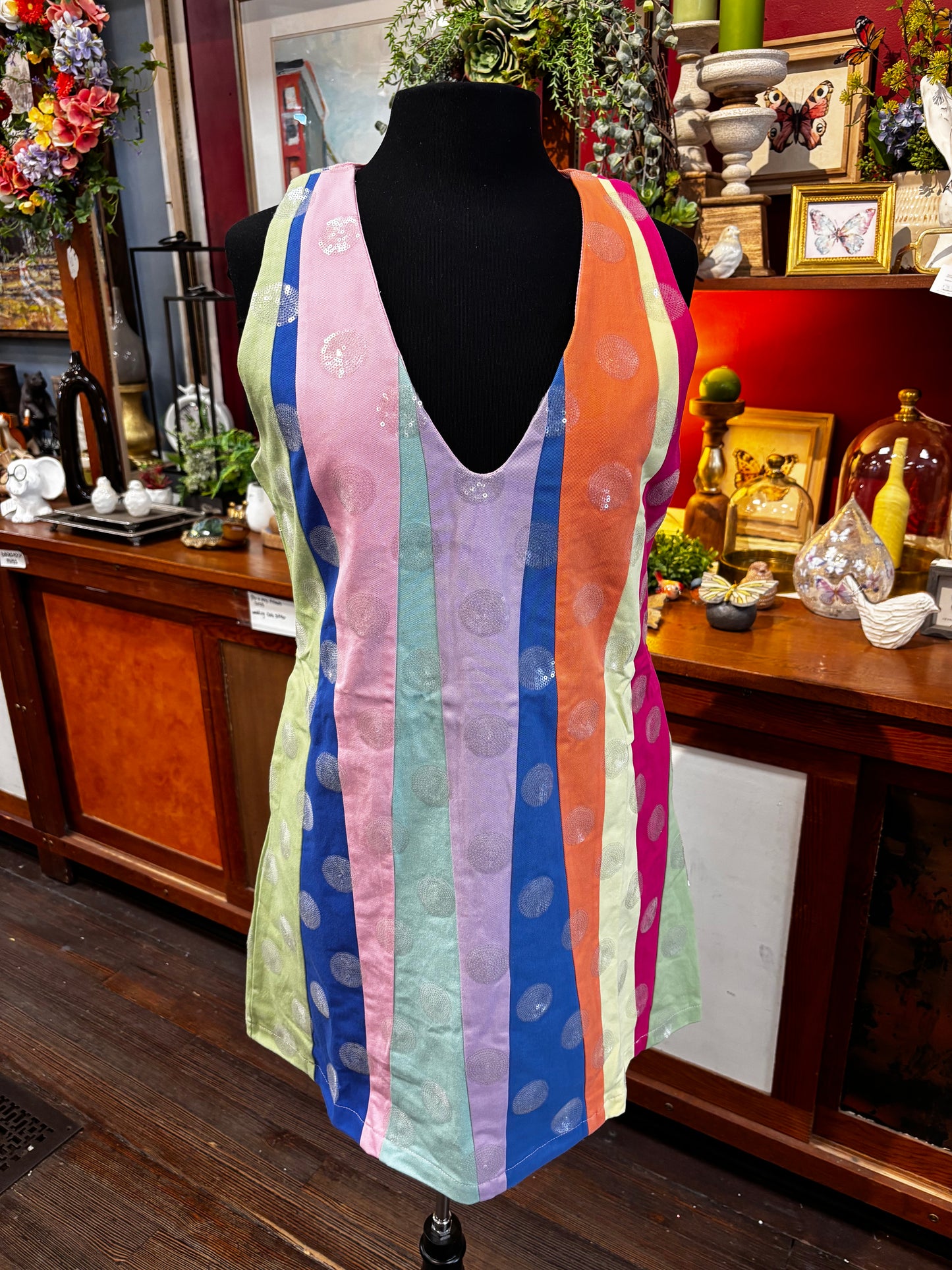 Queen of Sparkles Multi Stripe Clear Sequin Polka Dot Tank Dress
