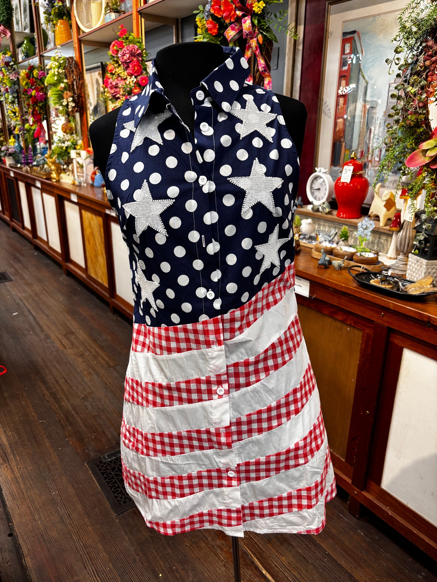 Queen of Sparkles Navy, Red & White Polka Dot and Stripe USA Button Up Tank Dress