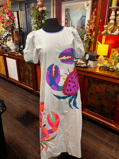 Queen of Sparkles White Tie Back Multi Crab Cotton Midi Dress
