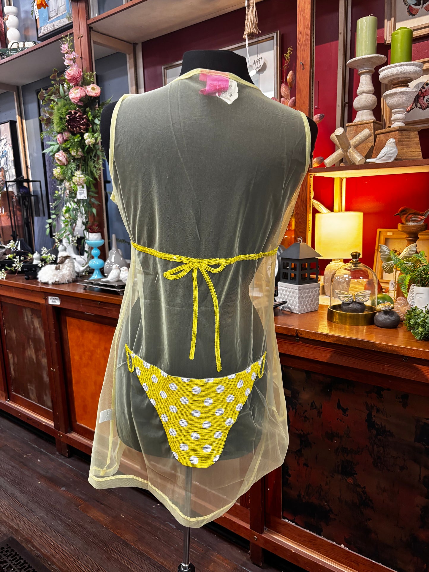 Queen of Sparkles Sheer Yellow Polka Dot Bikini Coverup Dress