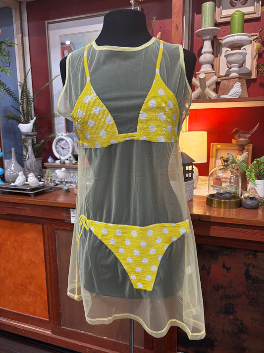Queen of Sparkles Sheer Yellow Polka Dot Bikini Coverup Dress