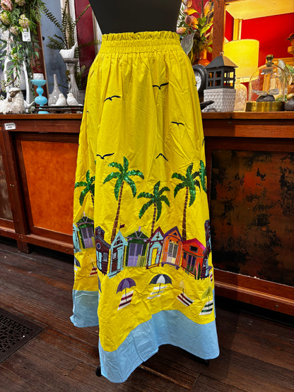Queen of Sparkles Yellow Beach Scene Midi Skirt