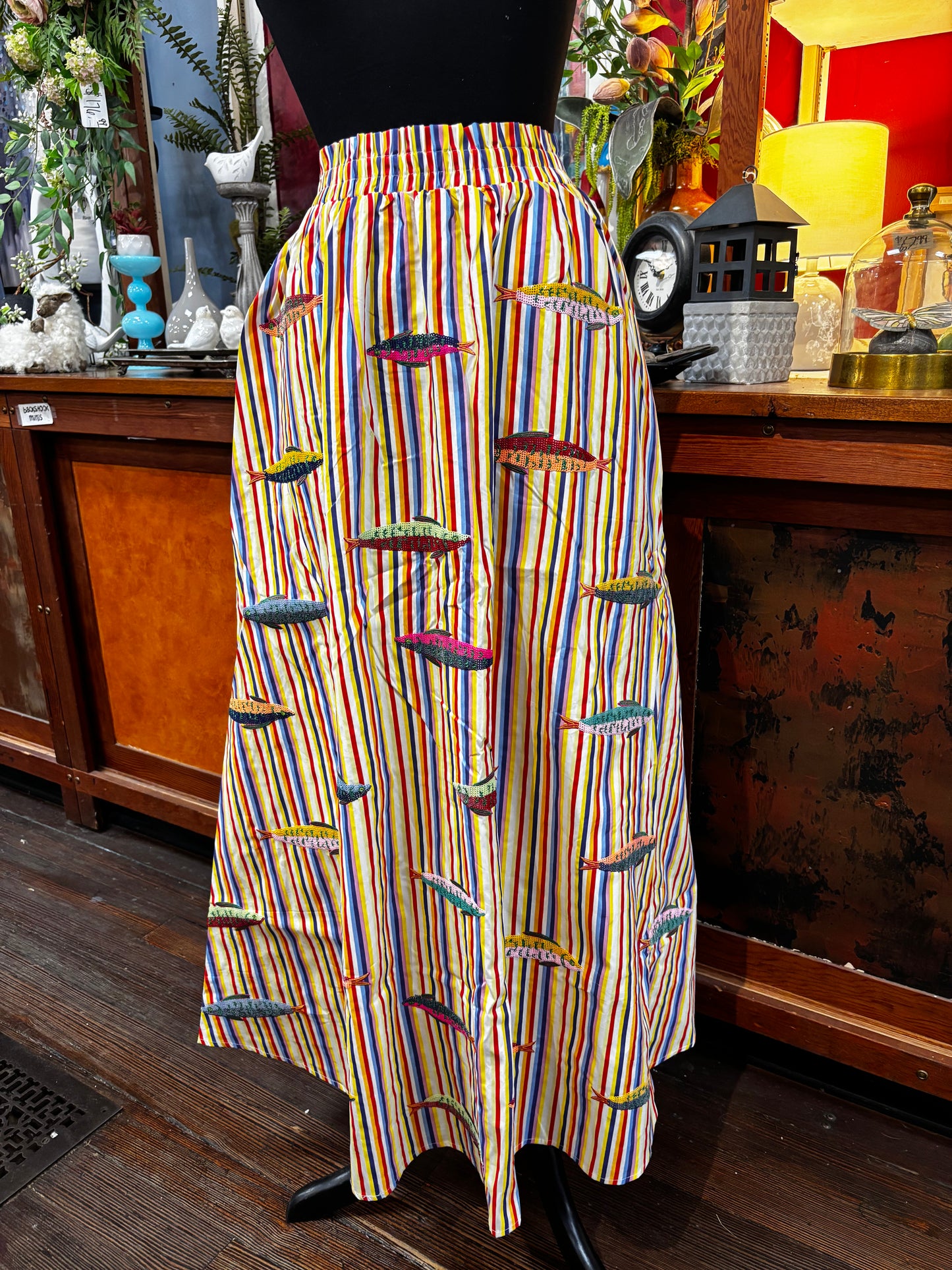 Queen of Sparkles Rainbow Stripe Multi Fish Cotton Long Skirt