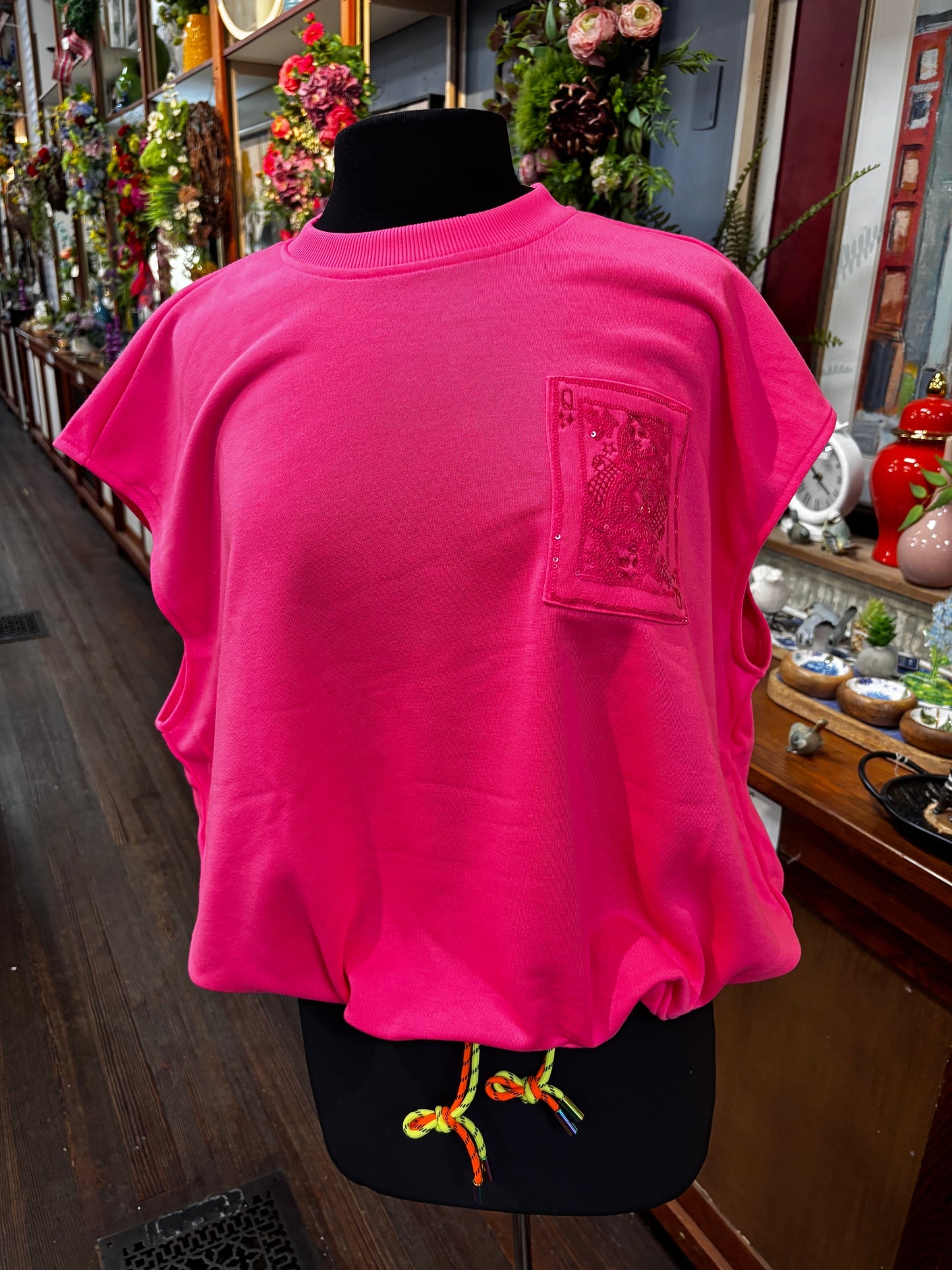 Queen of Sparkles Neon Pink QOS Card Logo Draw String Tank