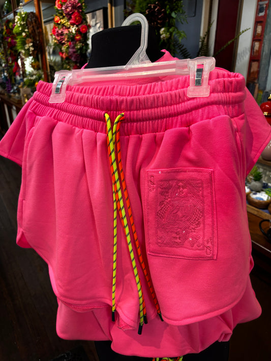 Queen of Sparkles Neon Pink QOS Card Logo Draw String Short