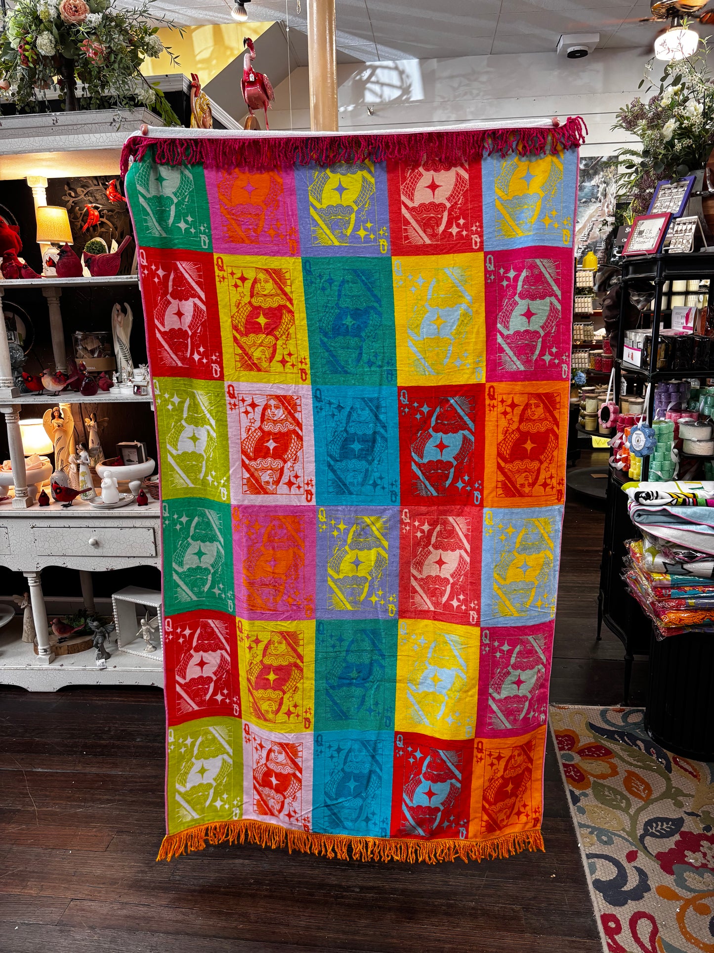Queen of Sparkles Multi Colorblock QOS Card Logo Fringe Beach Towel