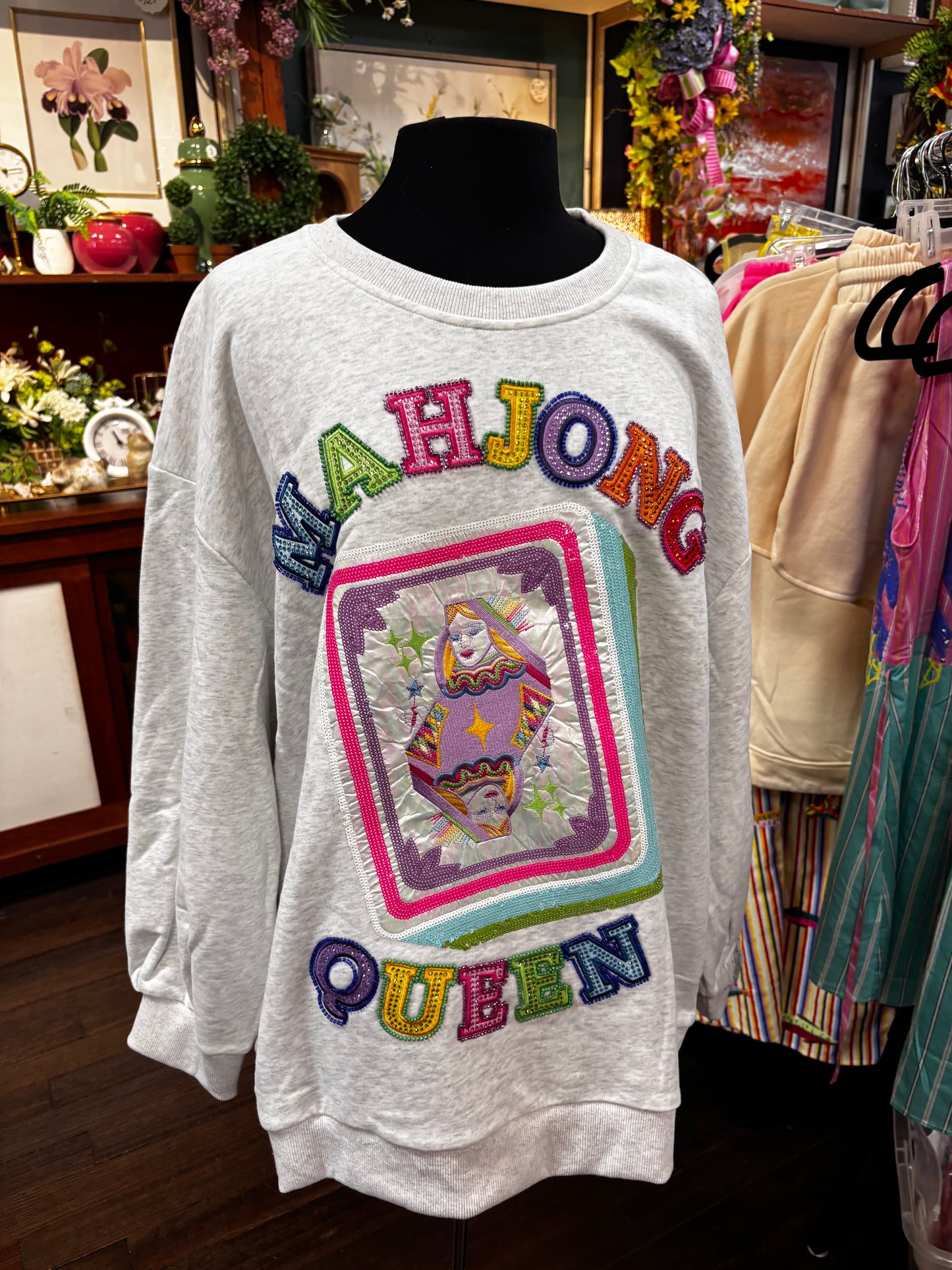 Queen of Sparkles Grey 'Mahjong Queen' QOS Card Tile Sweatshirt