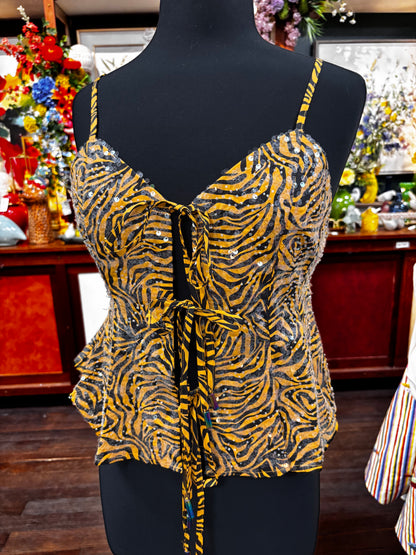 Queen of Sparkles Sequin Tiger Print Tie Up Tank